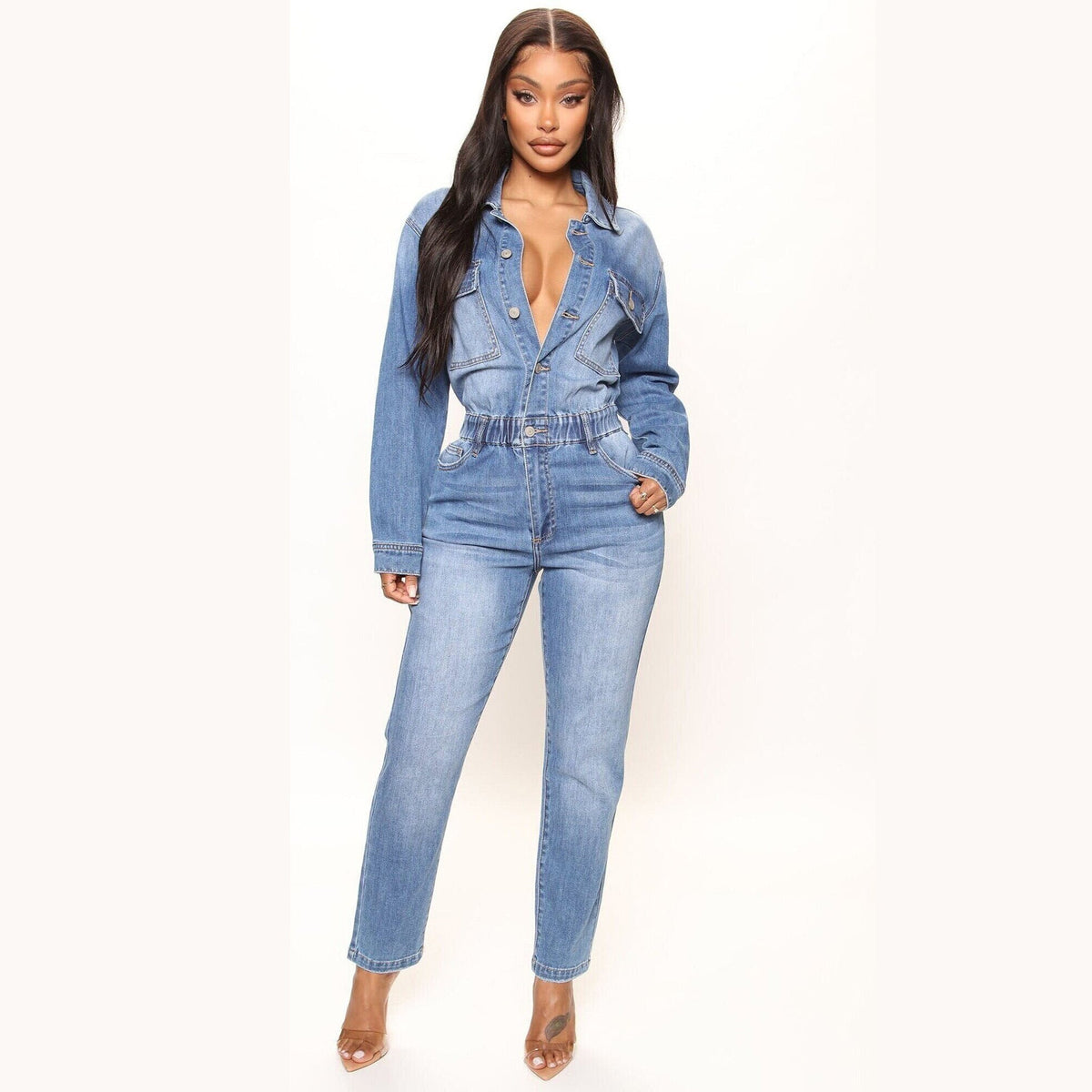 Slim Elastic Feet Wash Denim Jumpsuit