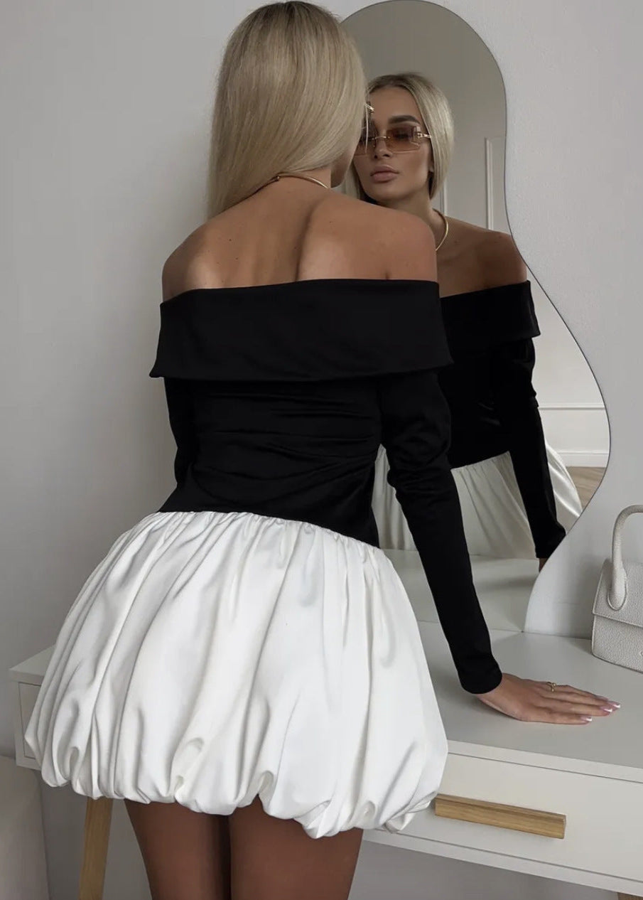 Noir Elegance - Off-shoulder Balloon Mini Dress