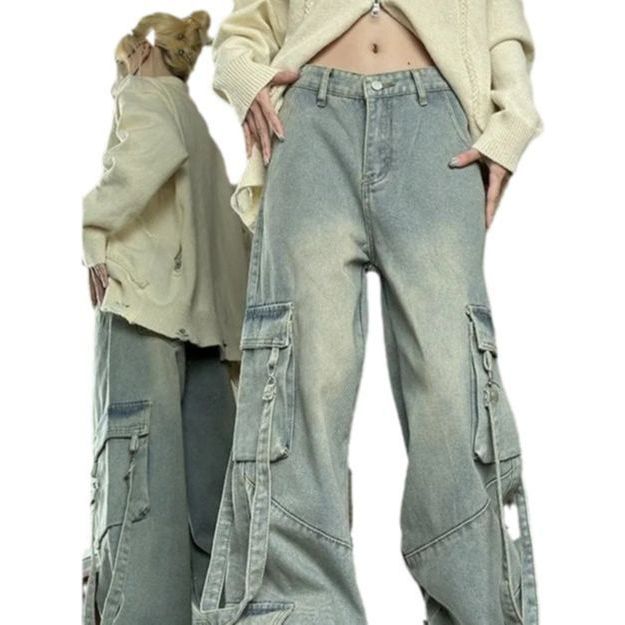 Retro Washed Overalls Wide Cargo Jeans