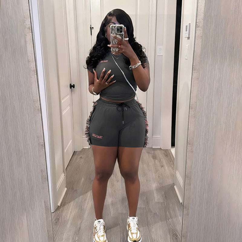 Spring Summer Slim Fit Short Embroidered Top High Waist Color Shorts Set