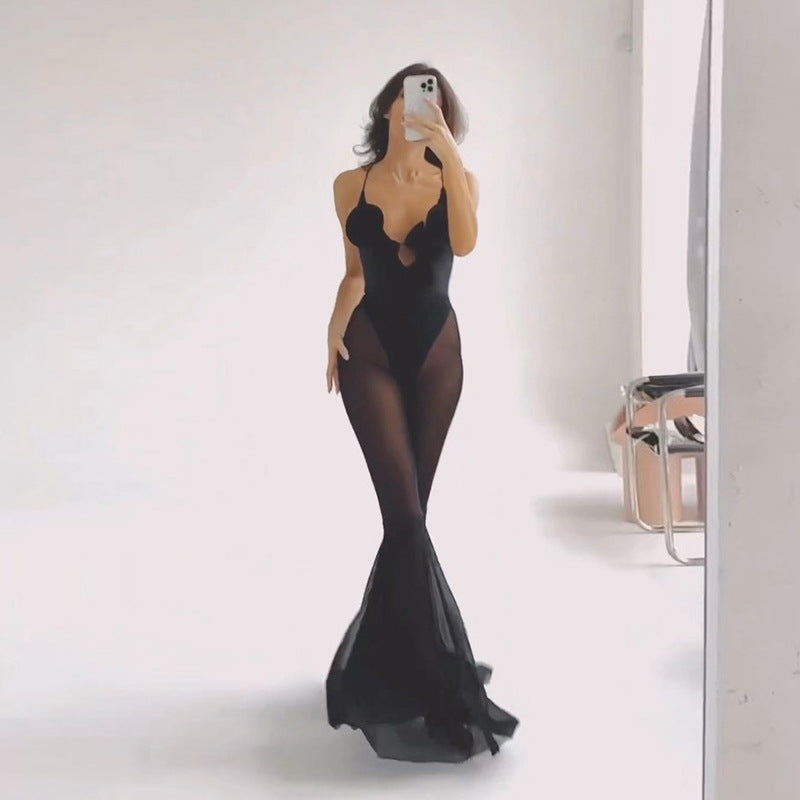 Spring Summer Mesh Stitching See Through Design Horn Jumpsuit