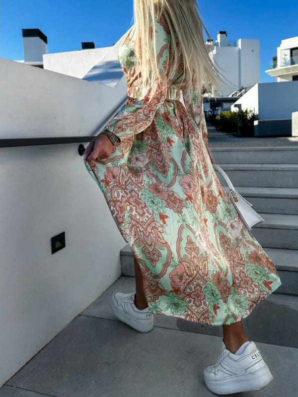 V-neck Long-sleeved Belted Maxi Dress