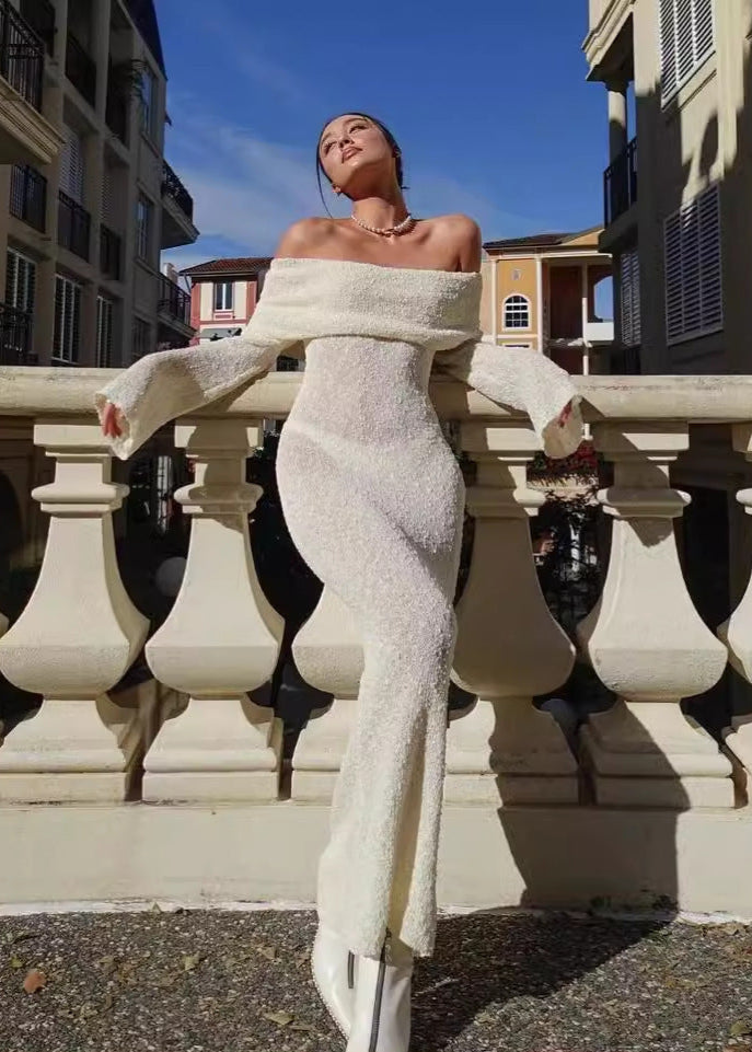 Lumière - Off-shoulder Shimmer Knit Maxi Dress