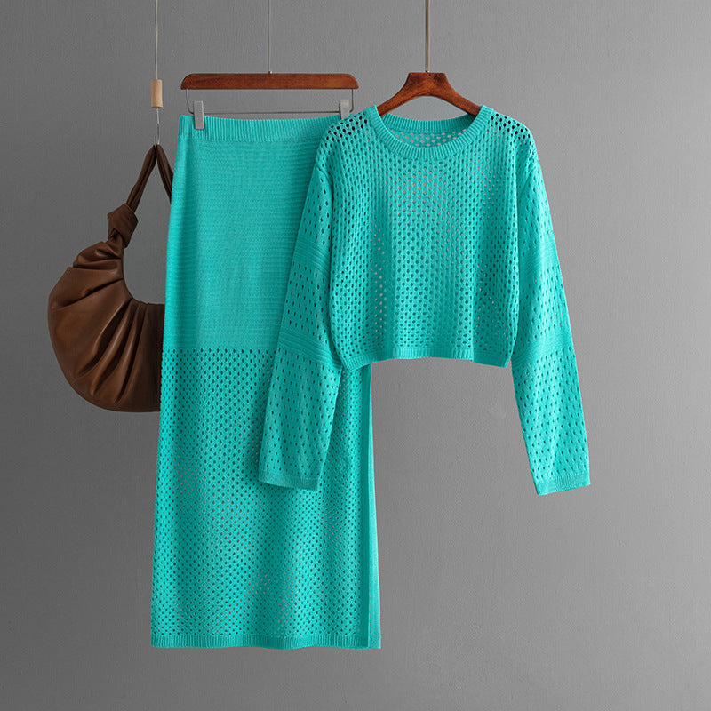 Summer Hollow Out Cutout Sweater Long Skirt Two Piece Set
