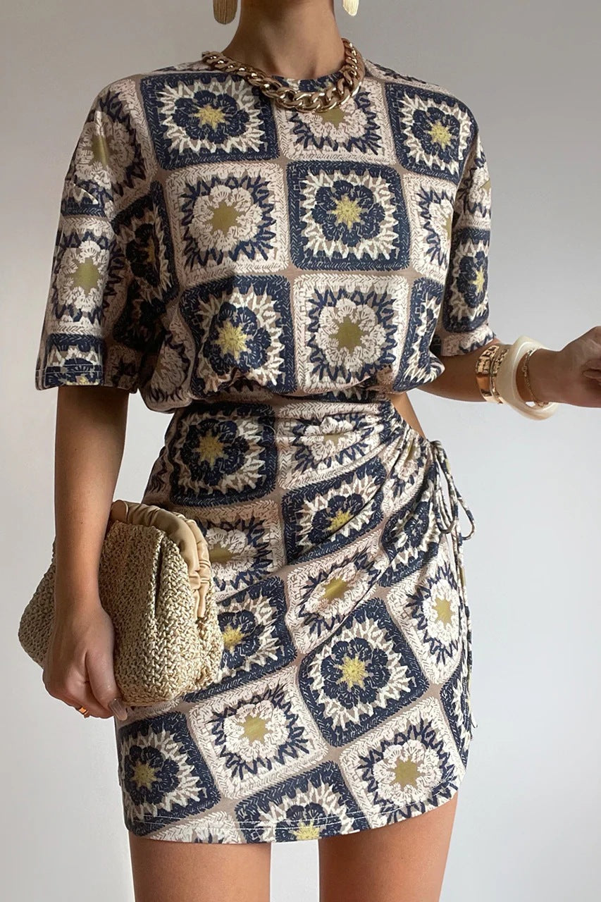Summer Personalized Printed Waist Drawstring Sheath Mini Dress