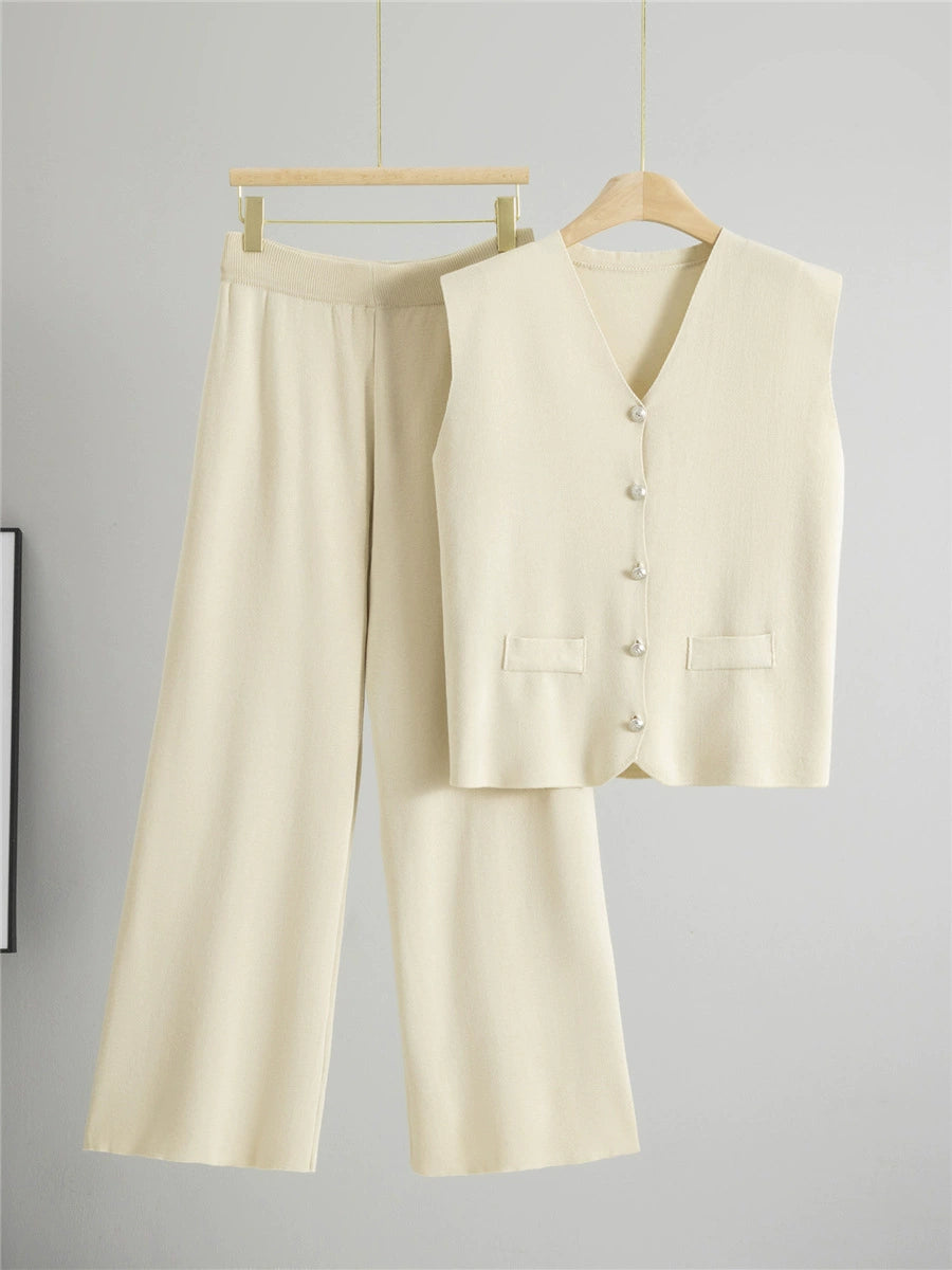 Apricot – Loose Cardigan Sleeveless Two-piece Set