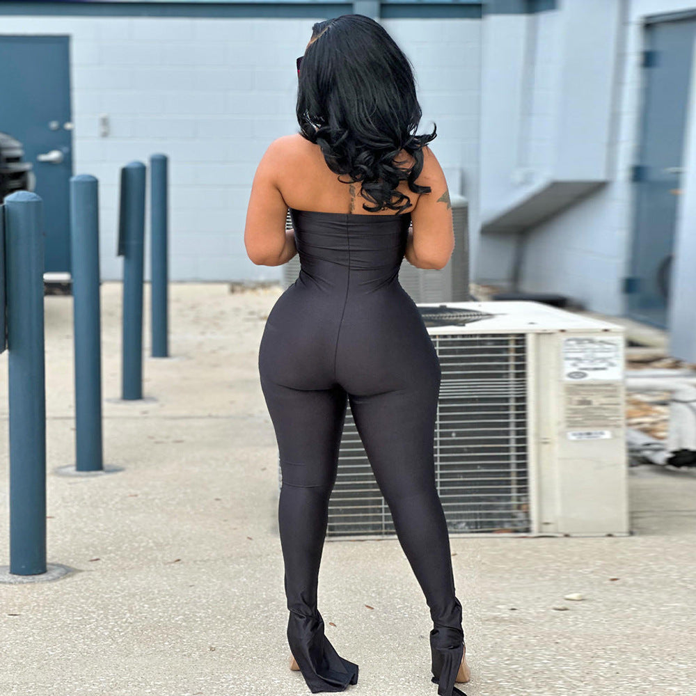 Clothing Off Neck Stitching High Elastic Slit Slim Fitting Jumpsuit