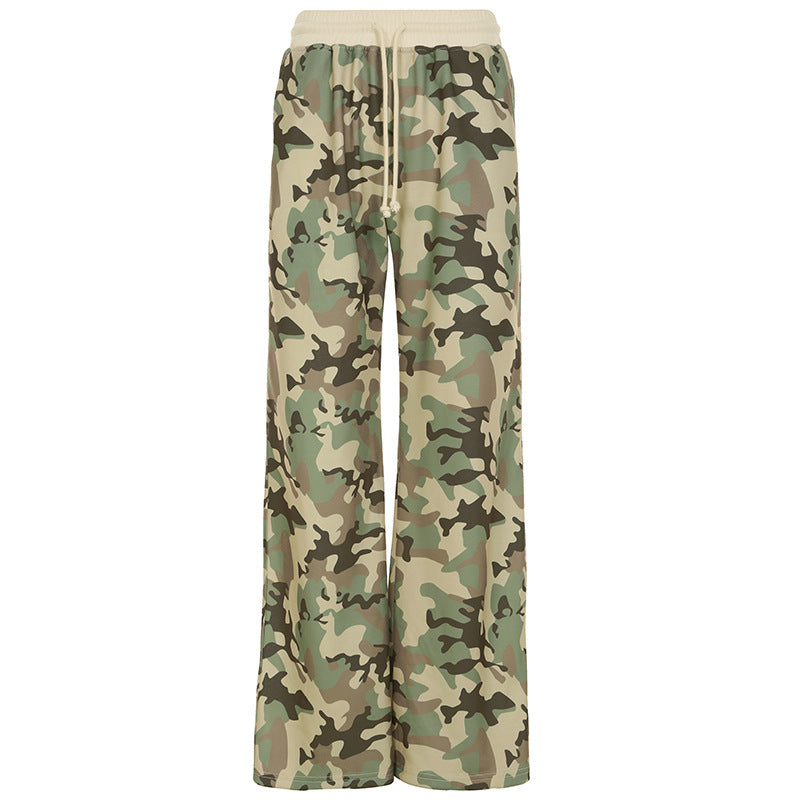 Contrast Color Cinched Hoodie Long Sleeve Sweatshirt Sweatpants Two Piece Camouflage Cardigan Coat Trousers Sets