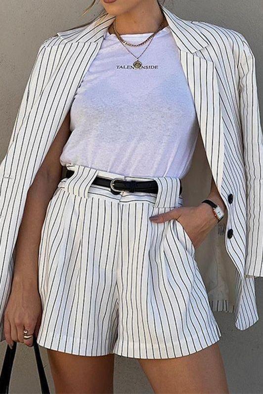 Striped Long-sleeved Shorts Two-piece Suit