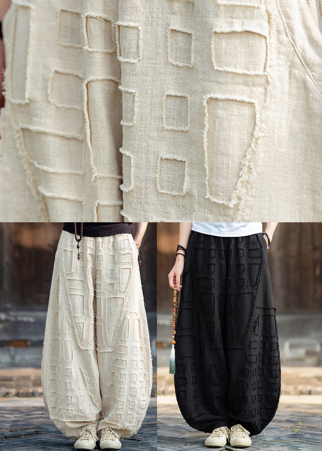 Beige Pockets Patchwork Linen Lantern Pants Fall Ru011
