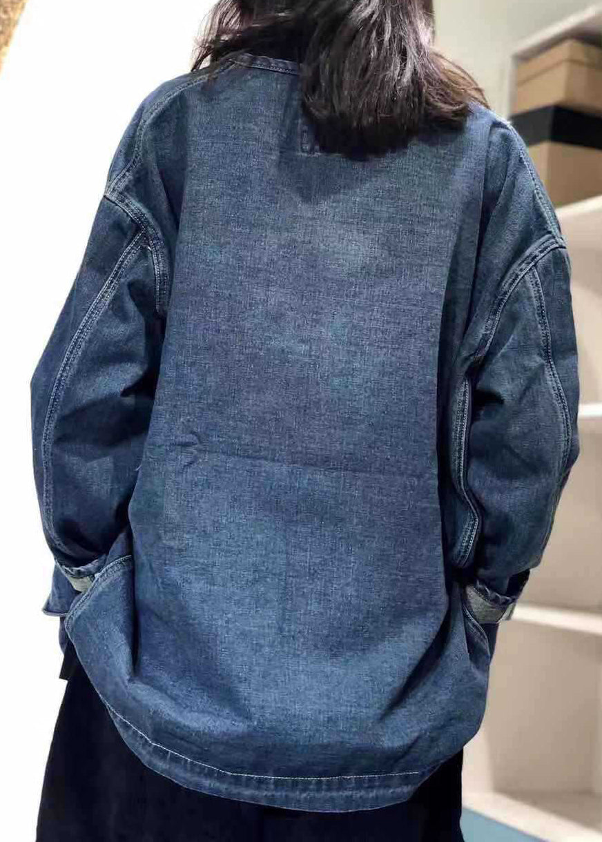 Blue O Neck Pockets Button Patchwork Denim Coat Fall Oo004