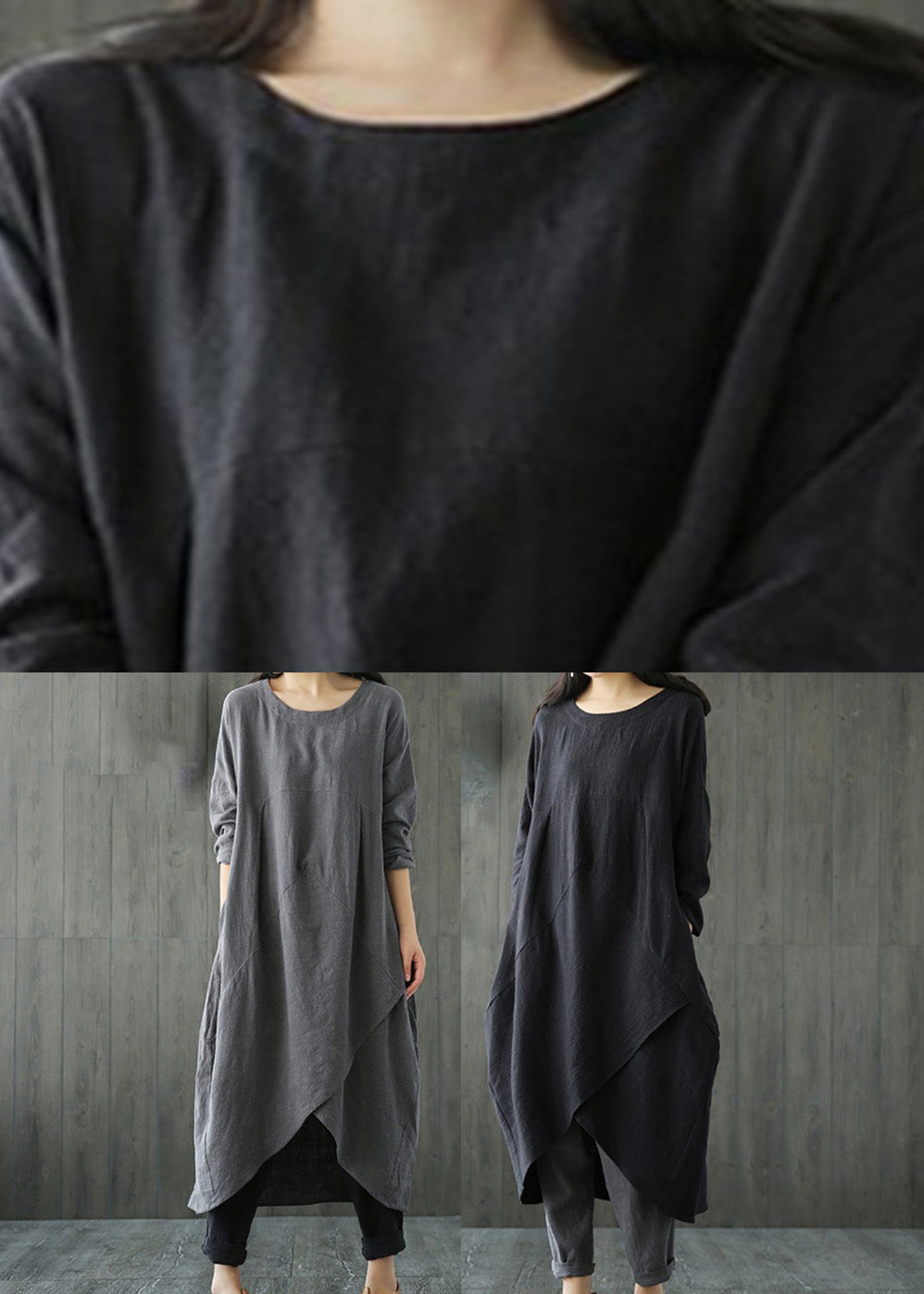 Grey Patchwork Linen Long Dresses Spring Lc0010