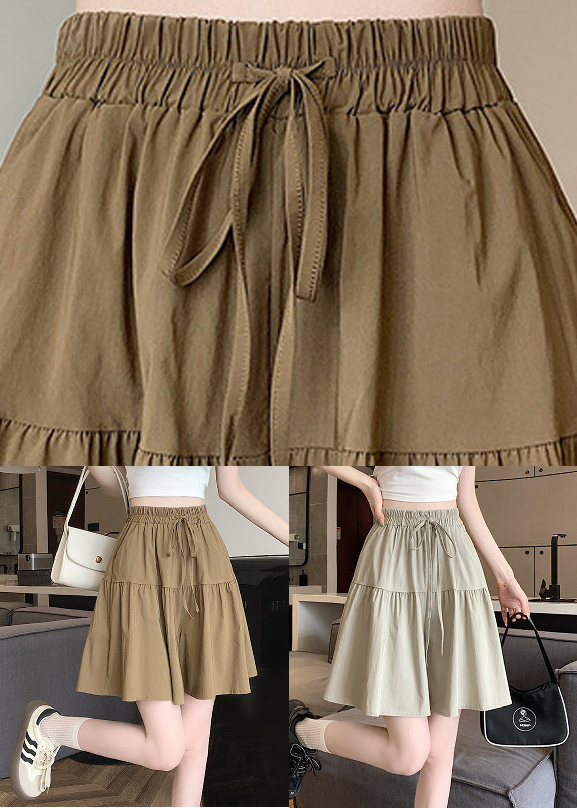 Khaki Pockets Elastic Waist Cotton Shorts Summer Qe002