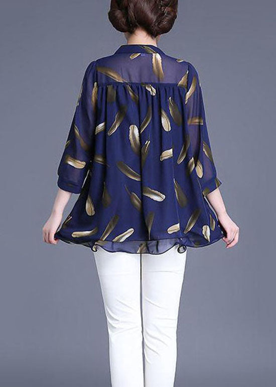 Navy Print Wrinkled Patchwork Chiffon Blouse Tops Summer Tq1007