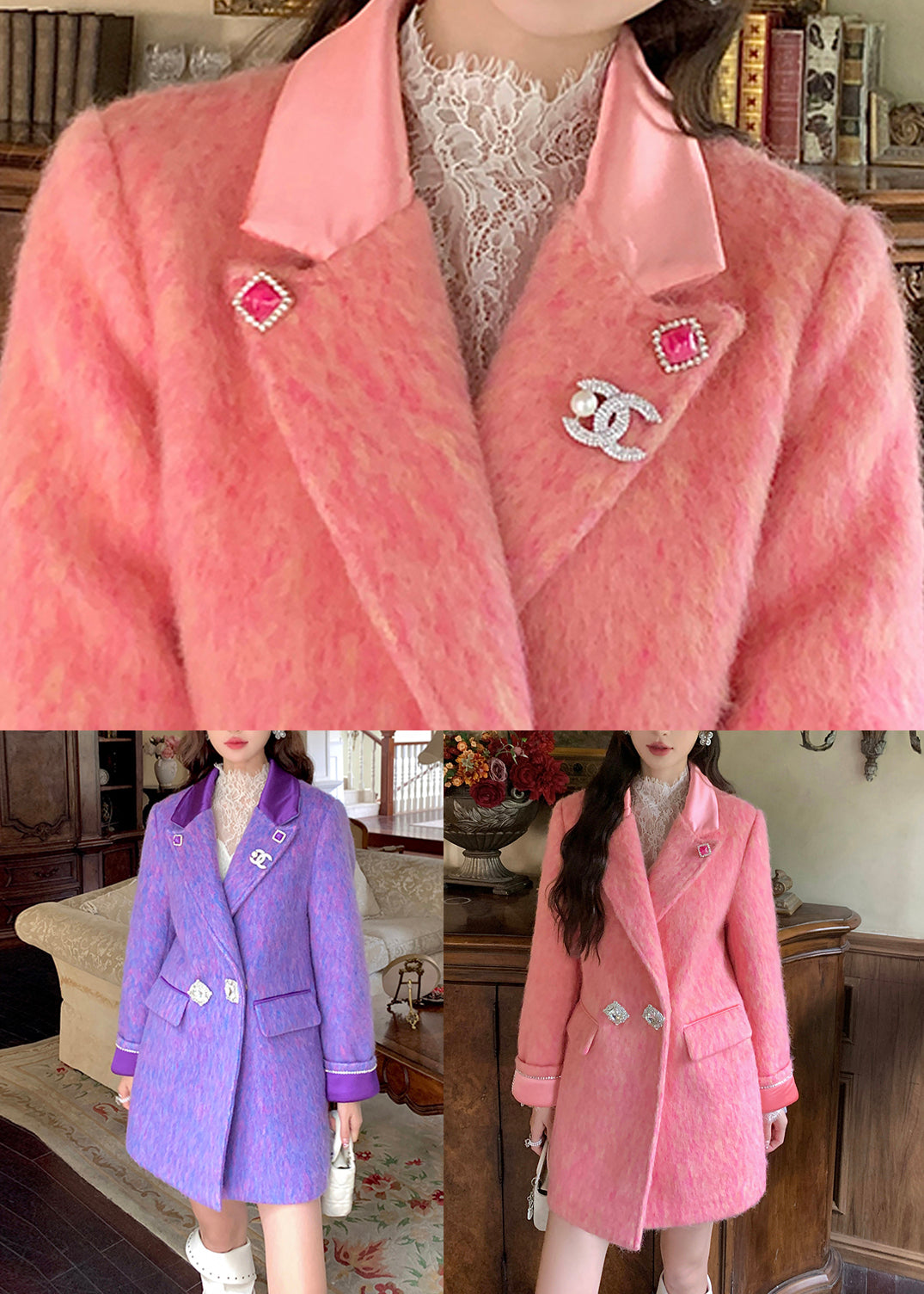 Purple Button Pockets Woolen Coat Peter Pan Collar Winter Wm014