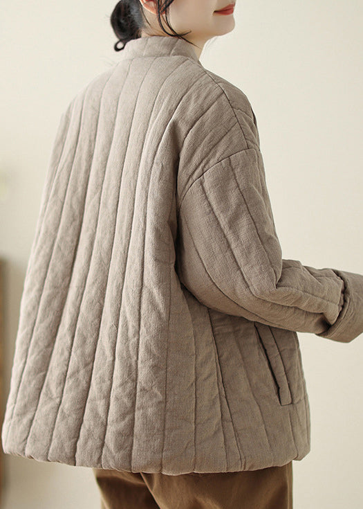 Retro Khaki Stand Collar Oriental Button Fine Cotton Filled Coat Winter Tz044