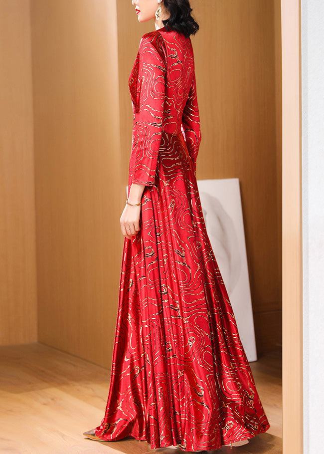 Retro Red Print Slim Fit Satin Long Dresses Spring Ly1735