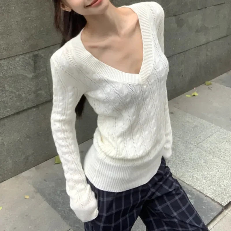 Screw Thread Slim Long Sleeve Sweater Autumn New Korean Vneck Color All Match Knitted Tops