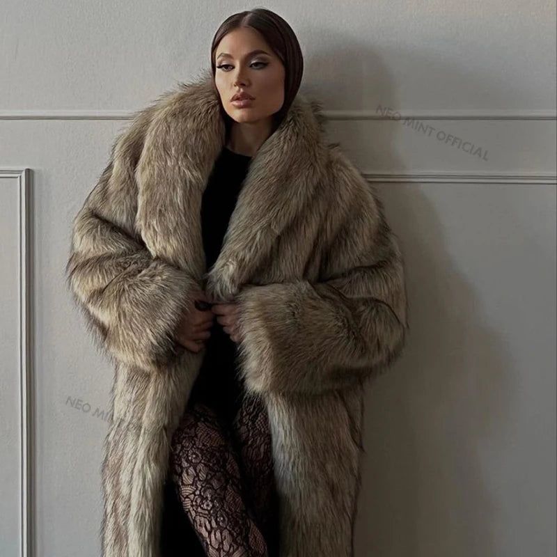 Mob Wife Aesthetic Long Faux Fur Coat Winter Fluffy Gradient Fox Fur Jacket Female Furry Overcoat