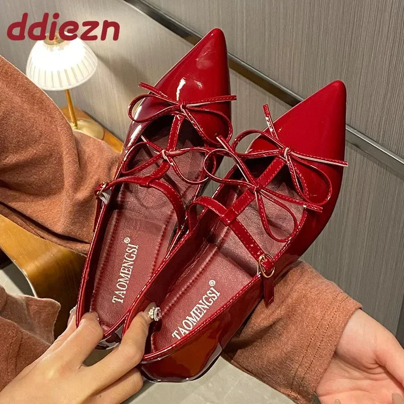 Pointed Toe Metal Buckle Bow T Strap Mary Jane Flats Banquet Dress Design Comfortable Single Shoes