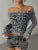Leopard Printed Mesh T-shirt Top for Off-shoulder Long Sleeve Cropped Y2k Top Pullover Contrast Female Slim Tee