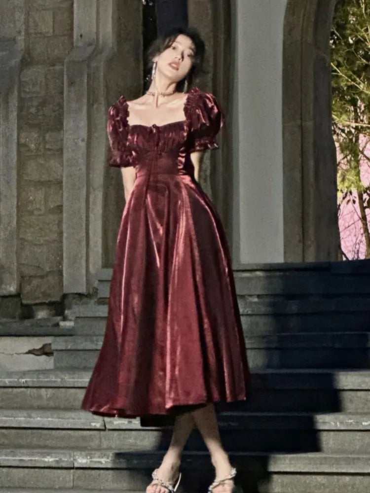 Princess Long Dress Puff Sleeve Square Collar High Waist Evening Party Aline Laceup Vestidos Robe Mujers