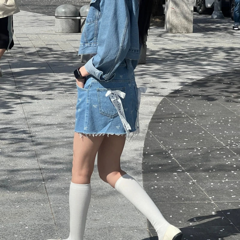 Korean Retro Bow Lace Patchwork Denim Aline Skirt Summer New High Waist Slim Frayed Mini Skirt