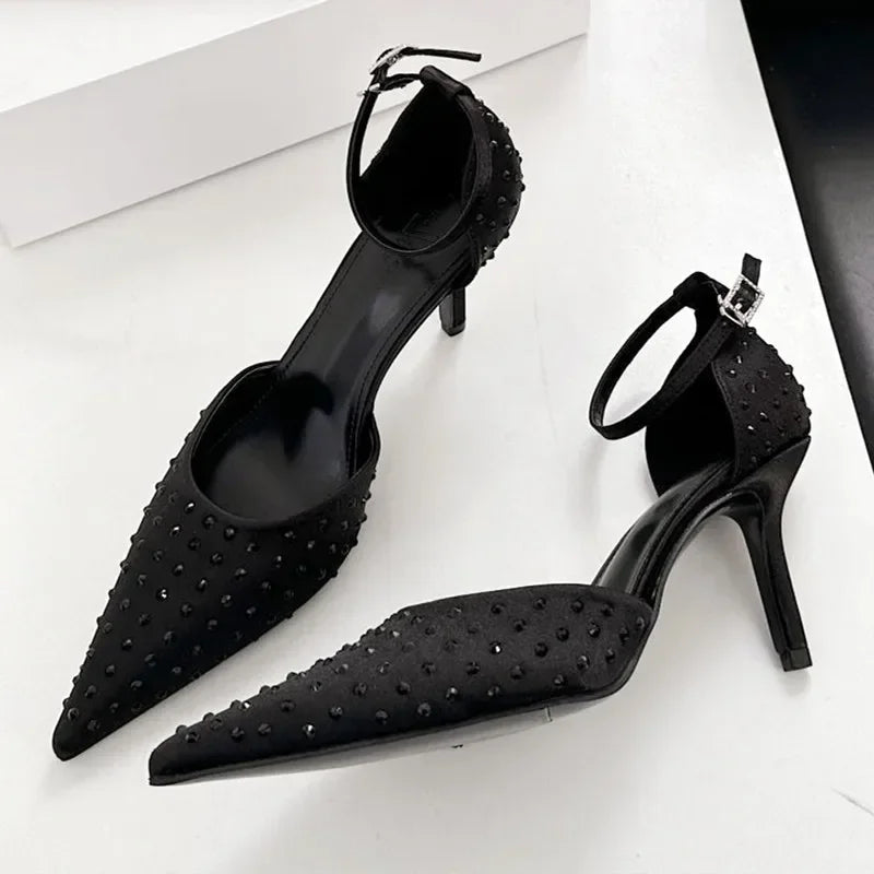 Rhinestone Pumps Pointed Toe Thin High Heels Ankle Strap Buckle Heeled Sandals Banquet Dress Shoes