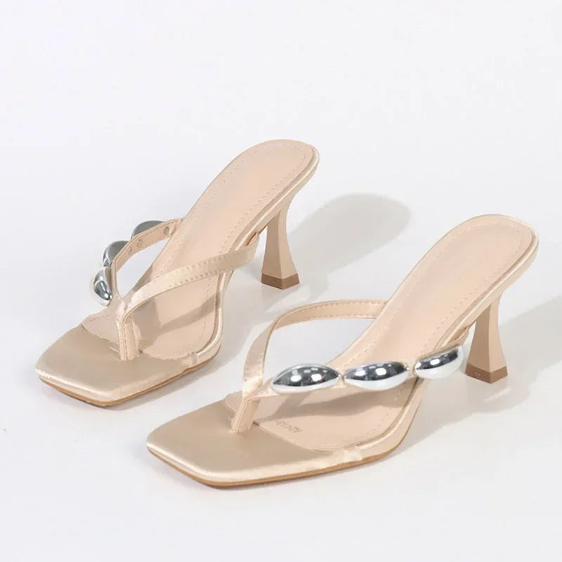 Metal Narrow Band Designer Flip Flops Summer Slippers Party Low Heels Gladiator Slide Sandals Mules Shoes