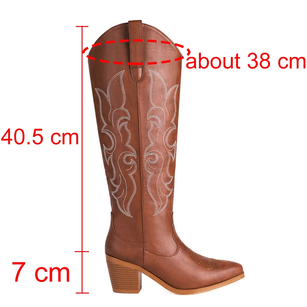 Western Cowboy Knee High Boots Pointed Toe Thick High Heeled Embroider Autumn Winter Red Long Booties Shoes Woman