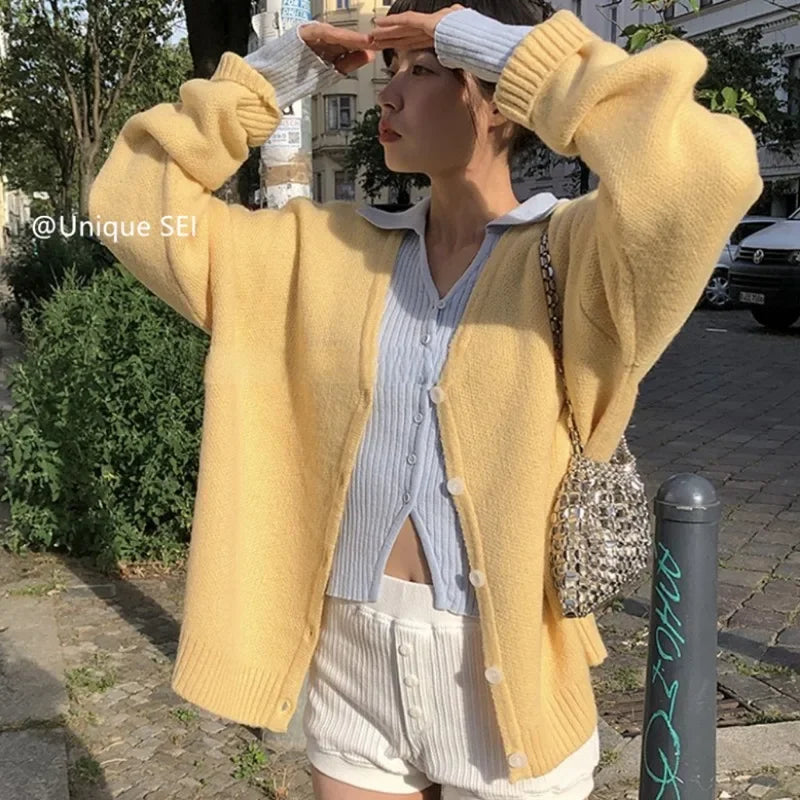 Color Threaded Longsleeved Cardigan Spring New Vneck Multibutton All Match Knitted Tops
