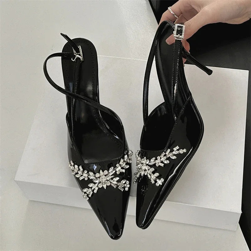 Design Crystal Rhinestone Pumps Buckle Strap Banquet Thin High Heels Prom Sandals Mule Shoes Zapatos De Mujer