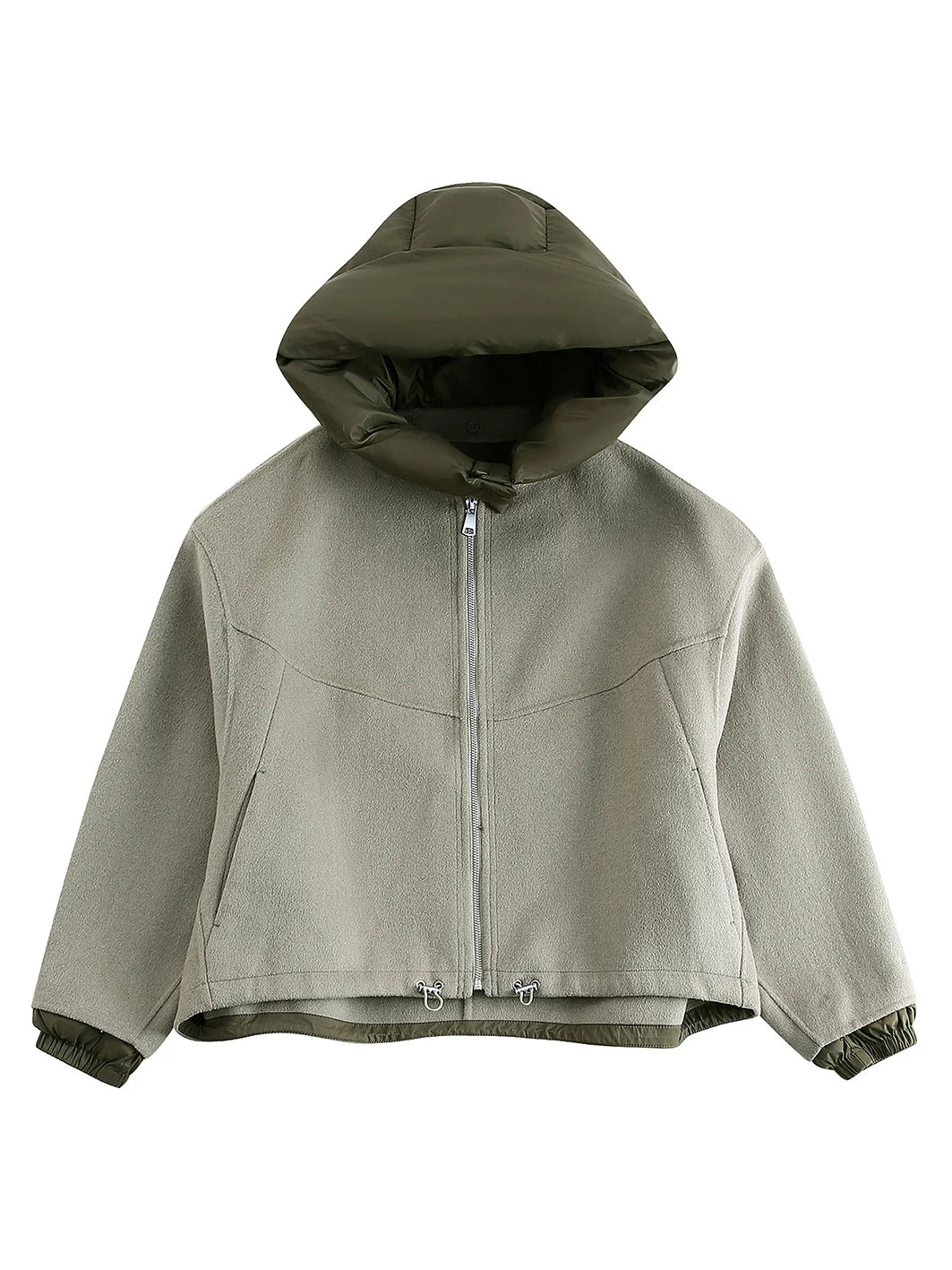 Detachable Hooded Patchwork Jacket Woman Long Sleeve Drawstring Hem Loose Coat Spring Color Simple Outerwear Top