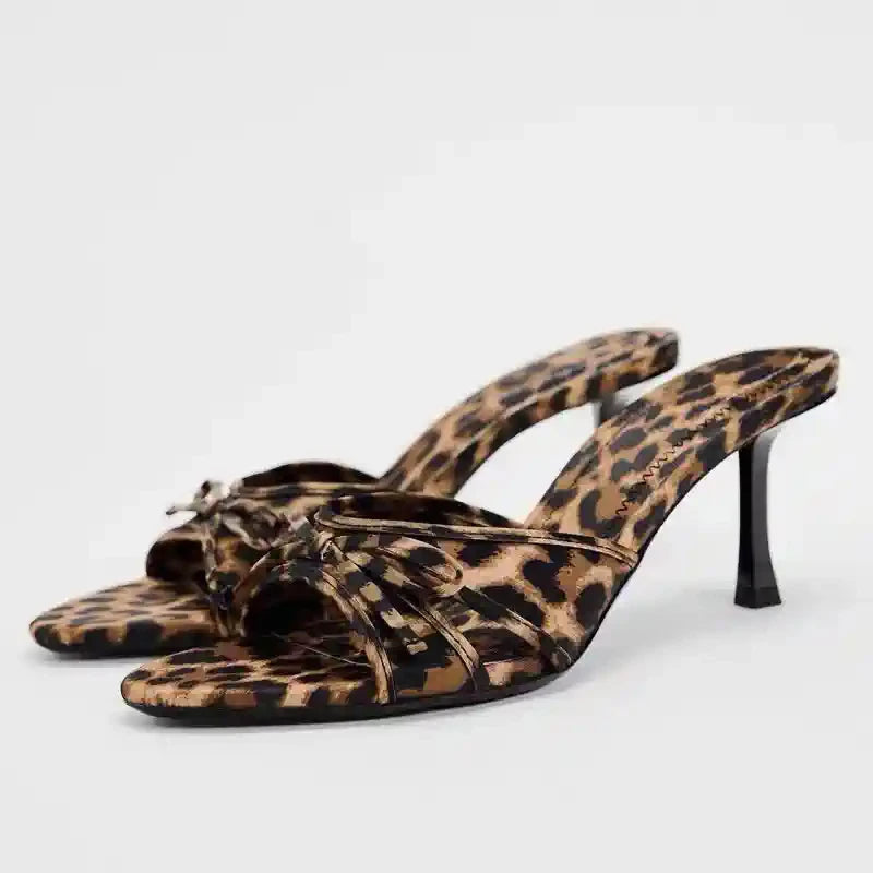 Summers Leopard Slippers Shoes Street Style Open Toe High Heel Slides