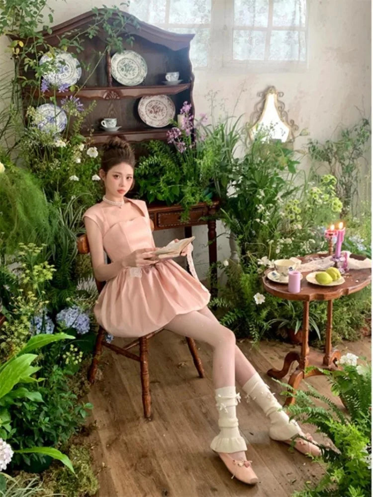 Woman Dress Sweet Sleeveless Bud Ball Gown Square Collar Slim Mini Dresses Party Temperament
