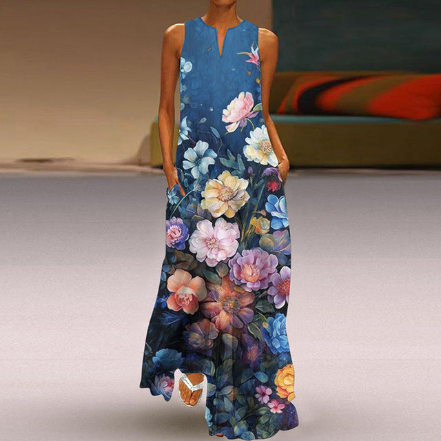 Summer New Flower Printed Long Dresses V-neck Loose Sleeveless Dress Commuting Vestidos Female