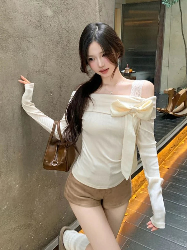 Knitted Sweater Sweet Bow Off Shoulder Slash Neck Patchwork Autumn Winter Pullover Basic Crop Tops