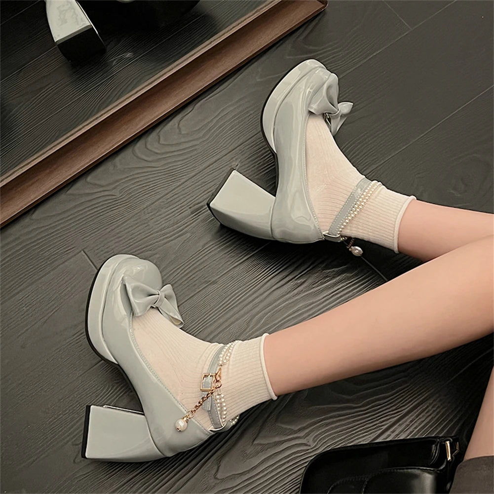 Lolita Bow Bow Decor Pumps Platform Chunky High Heels Ankle Strap Sweet Pumps for Girl Shoes