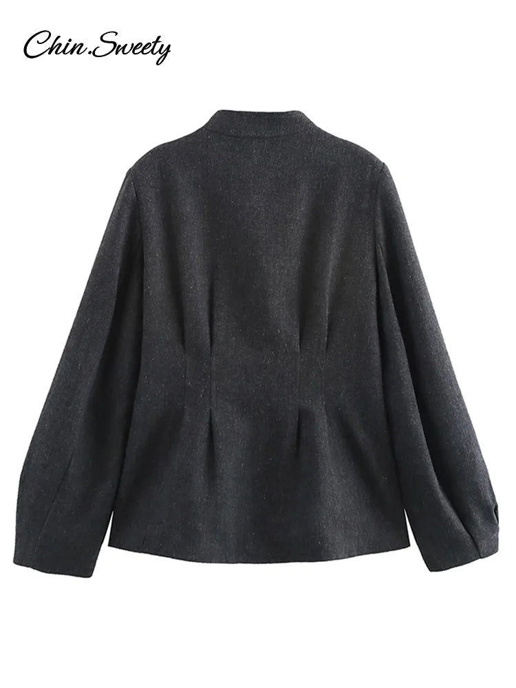 Single-breasted Blazer Coat Spring Long Lantern Sleeve Suit Jacket Female Office Lady Outerwear