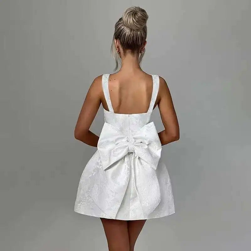 Bow Backless Jacquard a Line Mini Dress