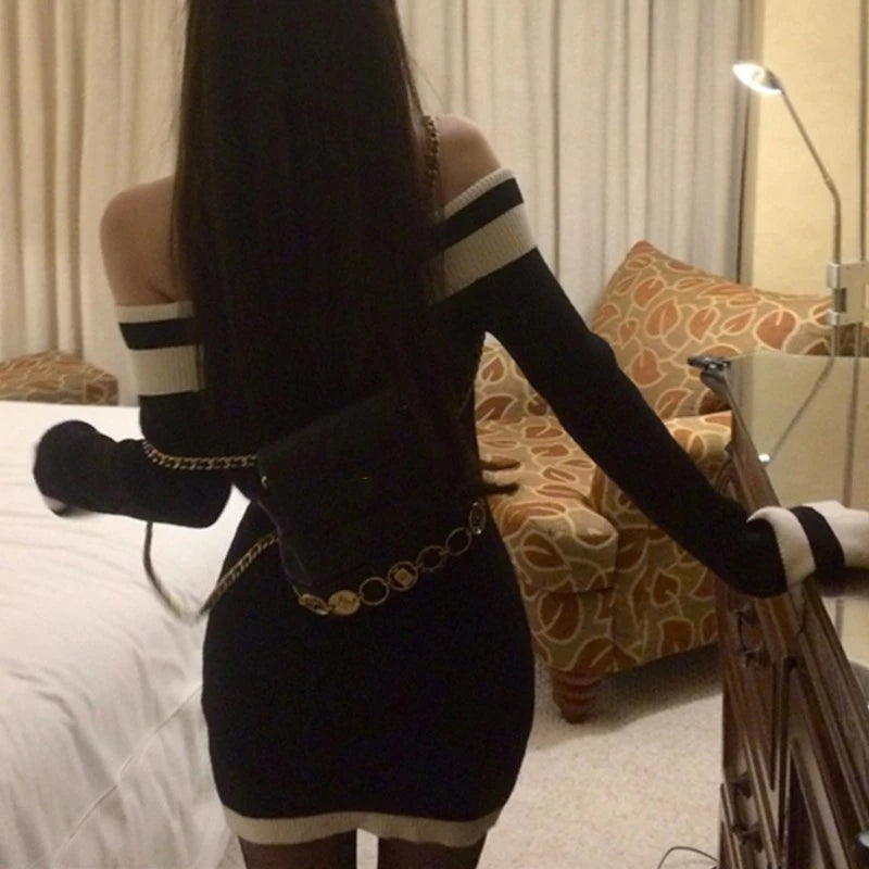 Slash Neck Knitted Dress Long Sleeve Bodycon Mini Dresses Korean Autumn Winter New Slim Vestidos