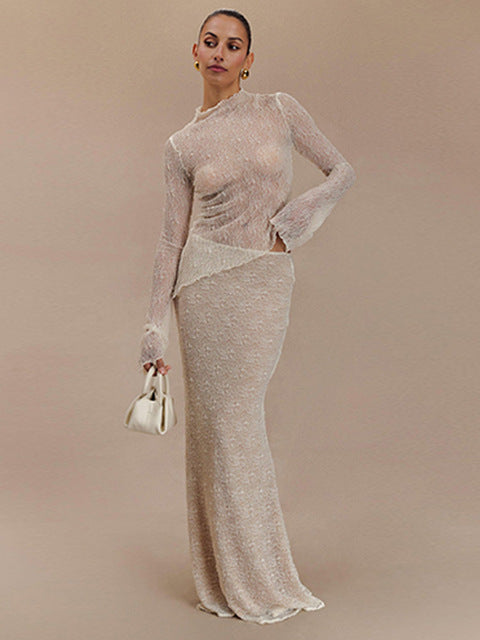 Lace Long Sleeved Round Neck Top Skirt Two-piece Set for Autumn Winter New Transparent T-shirt Set