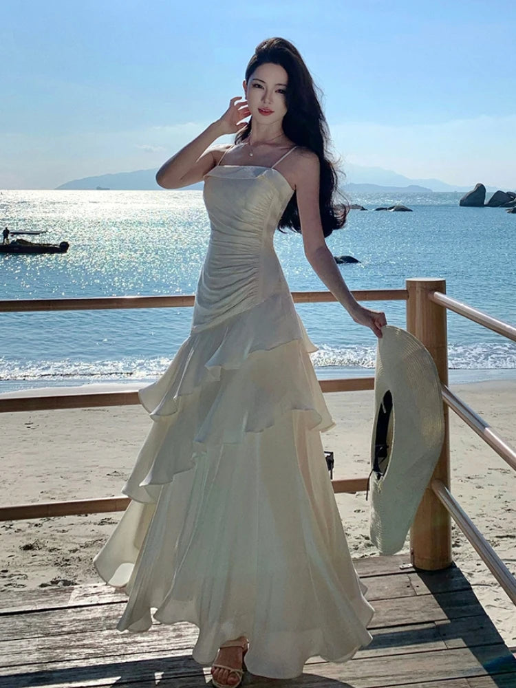 Spring Summer French Spaghetti Strap Long Dresses Female Slim Party Prom Robe One Piece Clothing