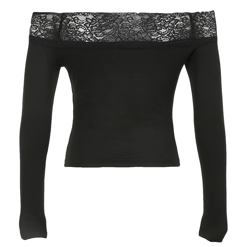 Gothic Retro Lace Trim Slash Neck Blouses �� Long Sleeve Y2k Darkly Print Autumn Tops