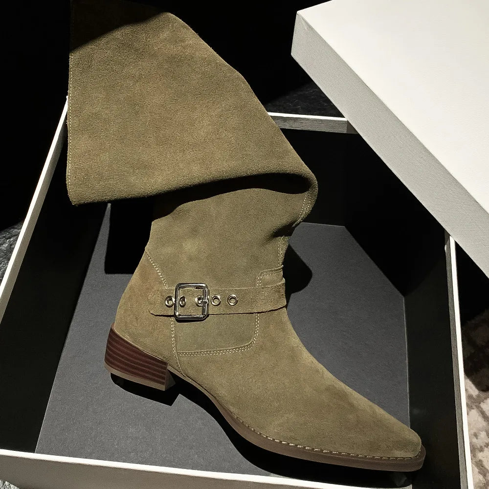 3442 Natural Suede Leather Flats Autumn Western Boots Double Metal Buckle Long Boots Shoes
