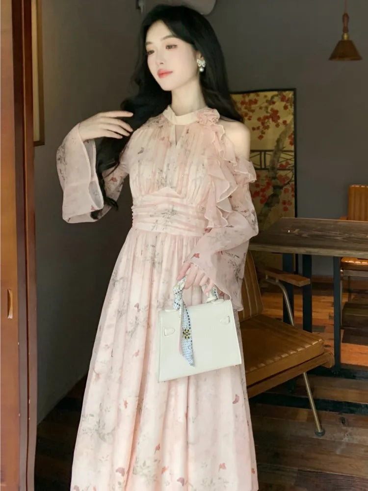 French Printed Midi Dress Autumn Off Shoulder Oneck Long Sleeve Slim Clothing Evening Party Mujer