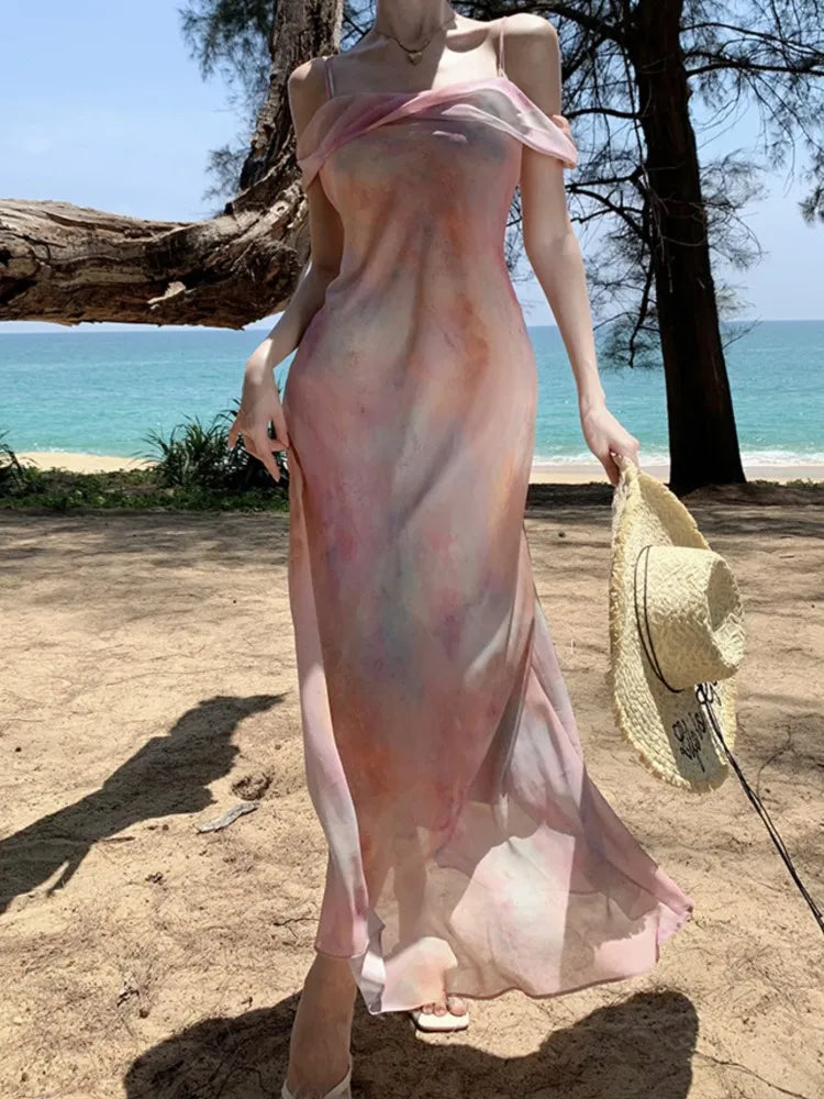 Summer Midi Dress Spaghetti Strap Beach Holiday Party Vestidos Female Clothes Robe New