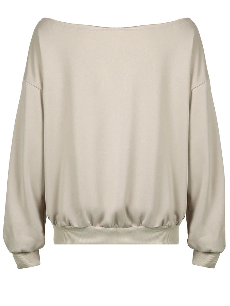 Figure Print Loose Sweatshirts Autumn Winter New Off Shoulder Slash Neck Pullovers