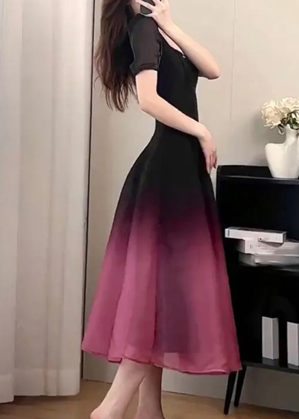 Black O-neck Gradient Color Long Dresses Short Sleeve Uu1059