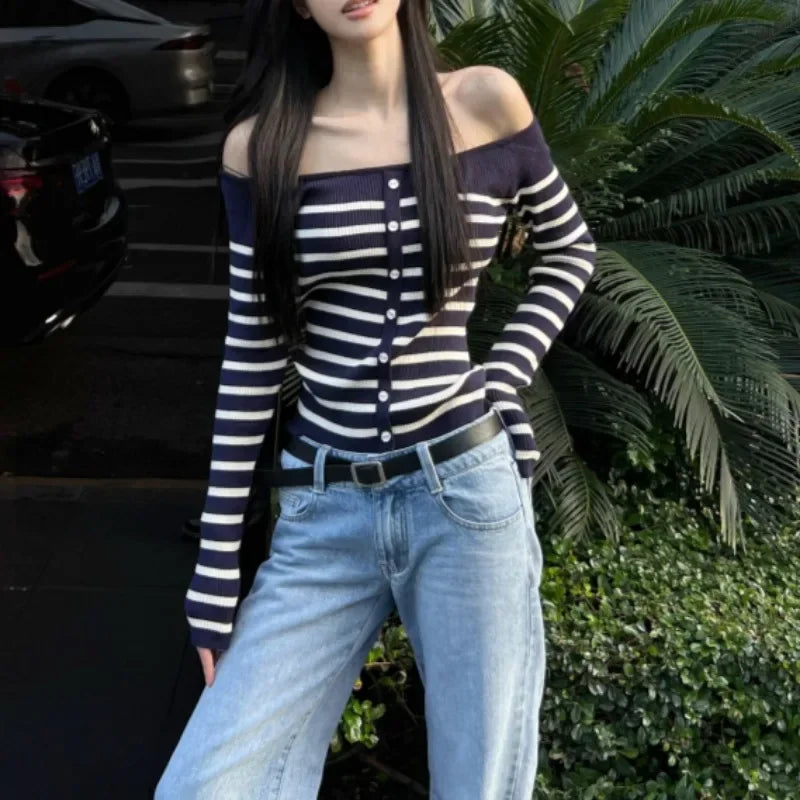 Korean Retro Contrast Color Striped Long Sleeve Sweater Autumn New Offshoulder Buttons Knitted Crop Tops